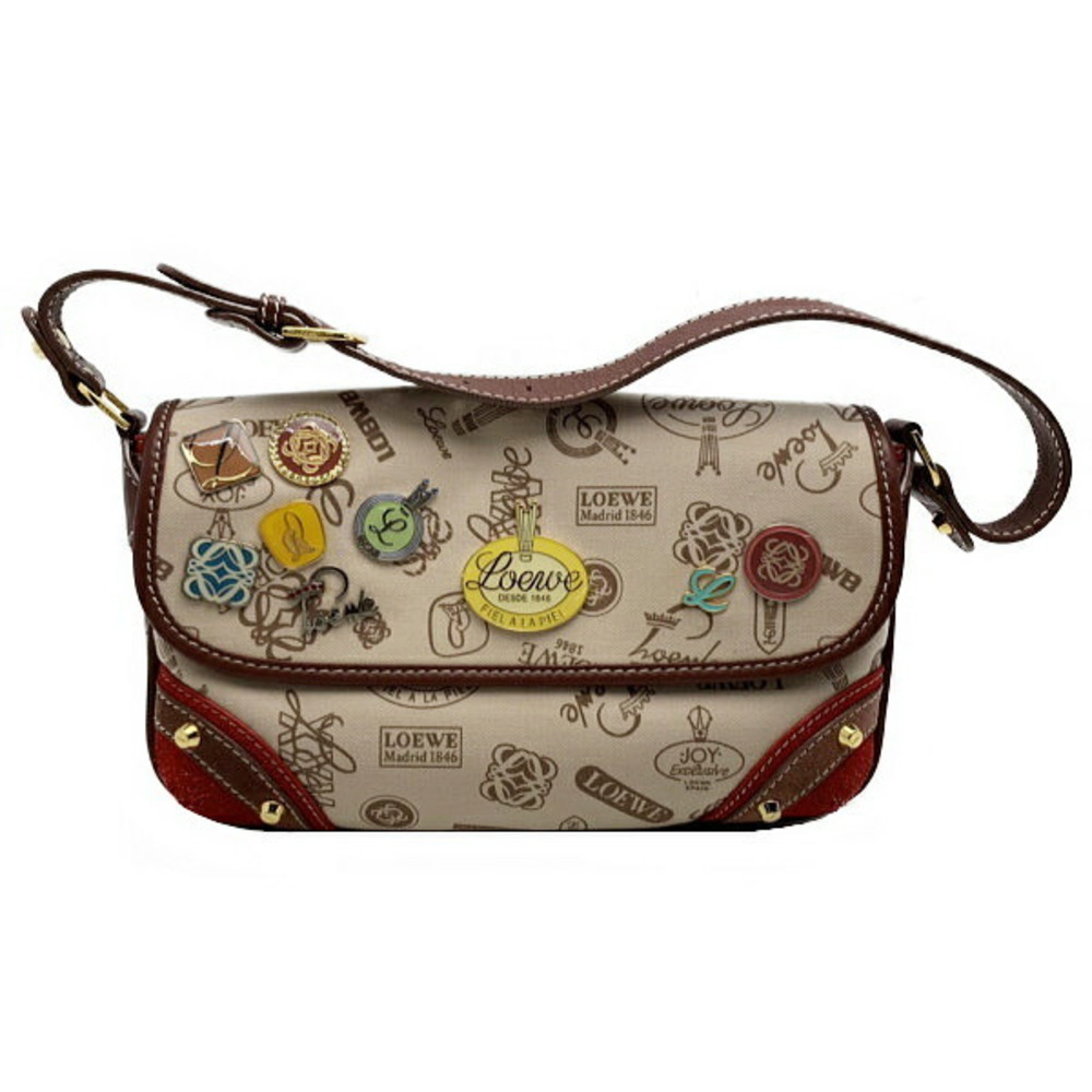 Loewe Annivery Shoulder Bag Canvas Suede Leather Beige Red